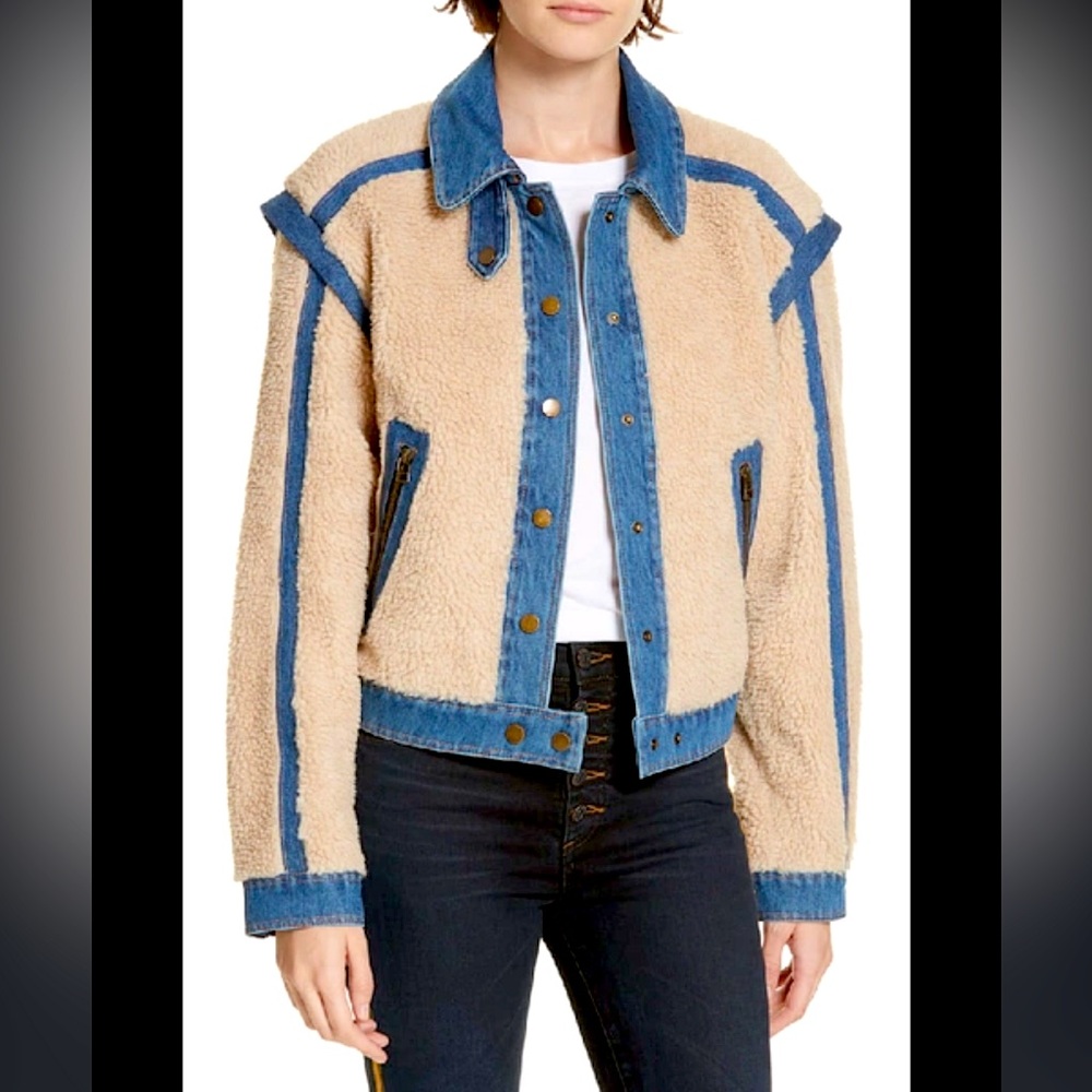 Veronica Beard Potter Cropped Denim-trim
Sherpa Jacket In Oatmeal